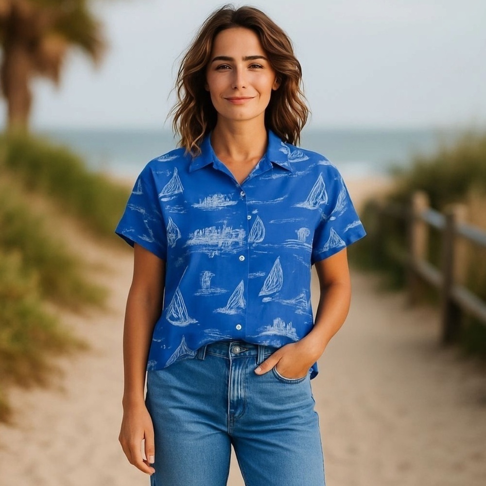 Cynthia Rowley 100% Linen Blue Button-Down Shirt